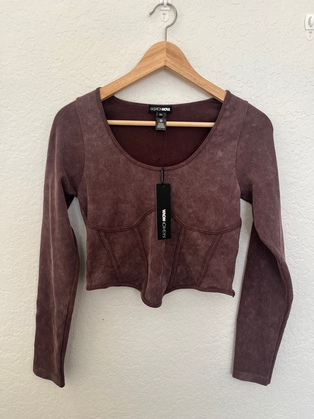 Fashion Nova Brown Ribbed Corset Bustier Crop Top Long Sleeve M NWT